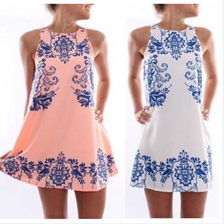 Blue And White Round Neck Sleeveless Printed Chiffon Dress Summer